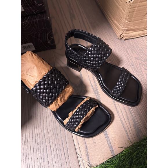 Homers Trenza Woven Braided Leather Heeled Sandals Size 6 Sleek Black - Picture 1 of 2